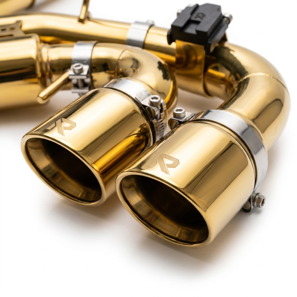 Rovatek quad slant-cut gold exhaust tips with etched R
