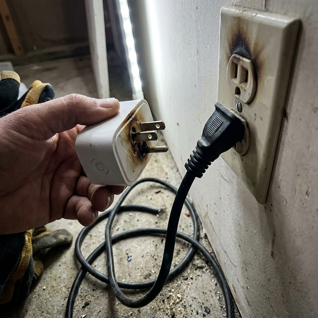 A heat-damaged smart plug pulled half out of the outlet