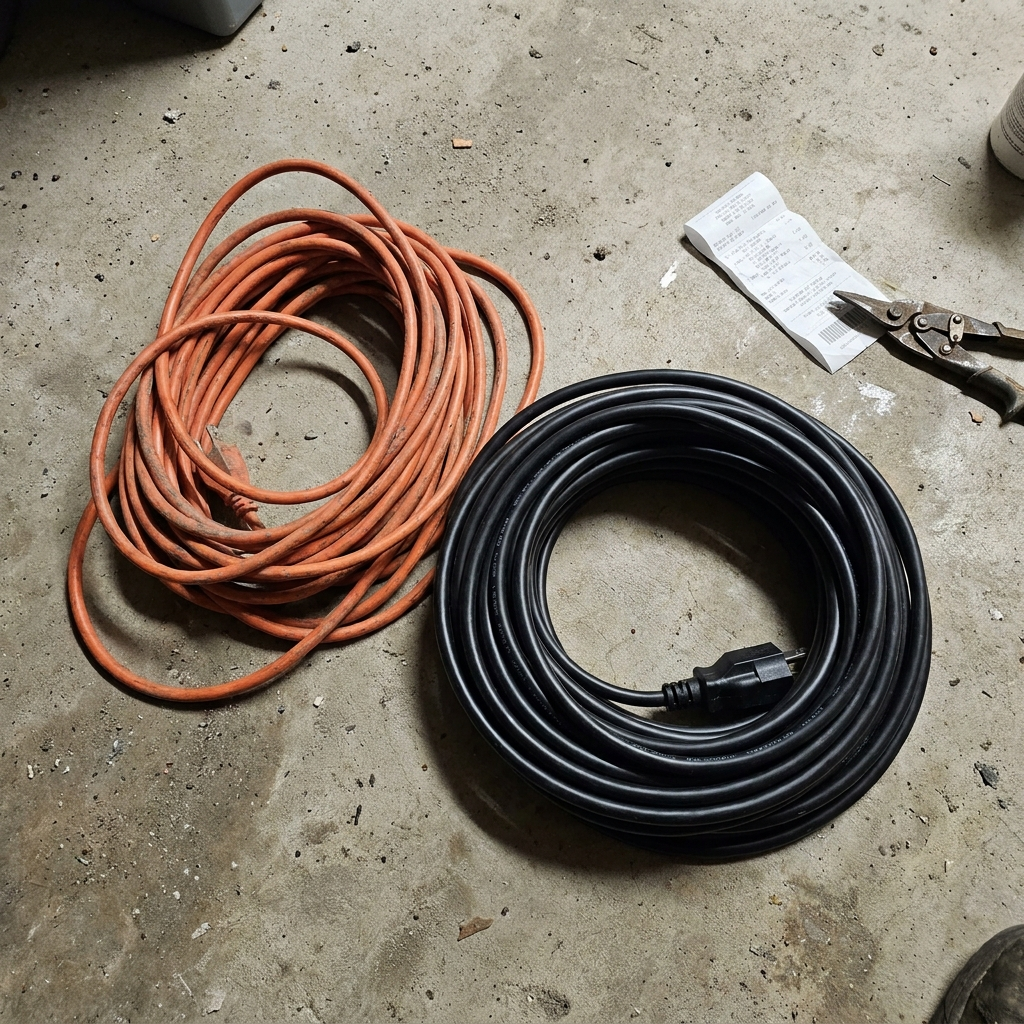 Two extension cords side by side on concrete, one thin and one heavy