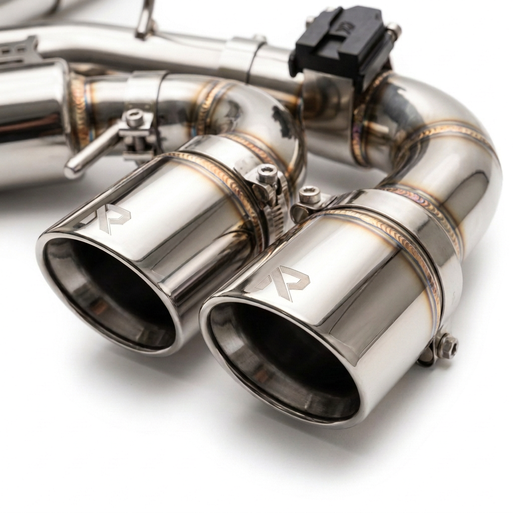 Rovatek quad stainless exhaust tips with etched R monogram