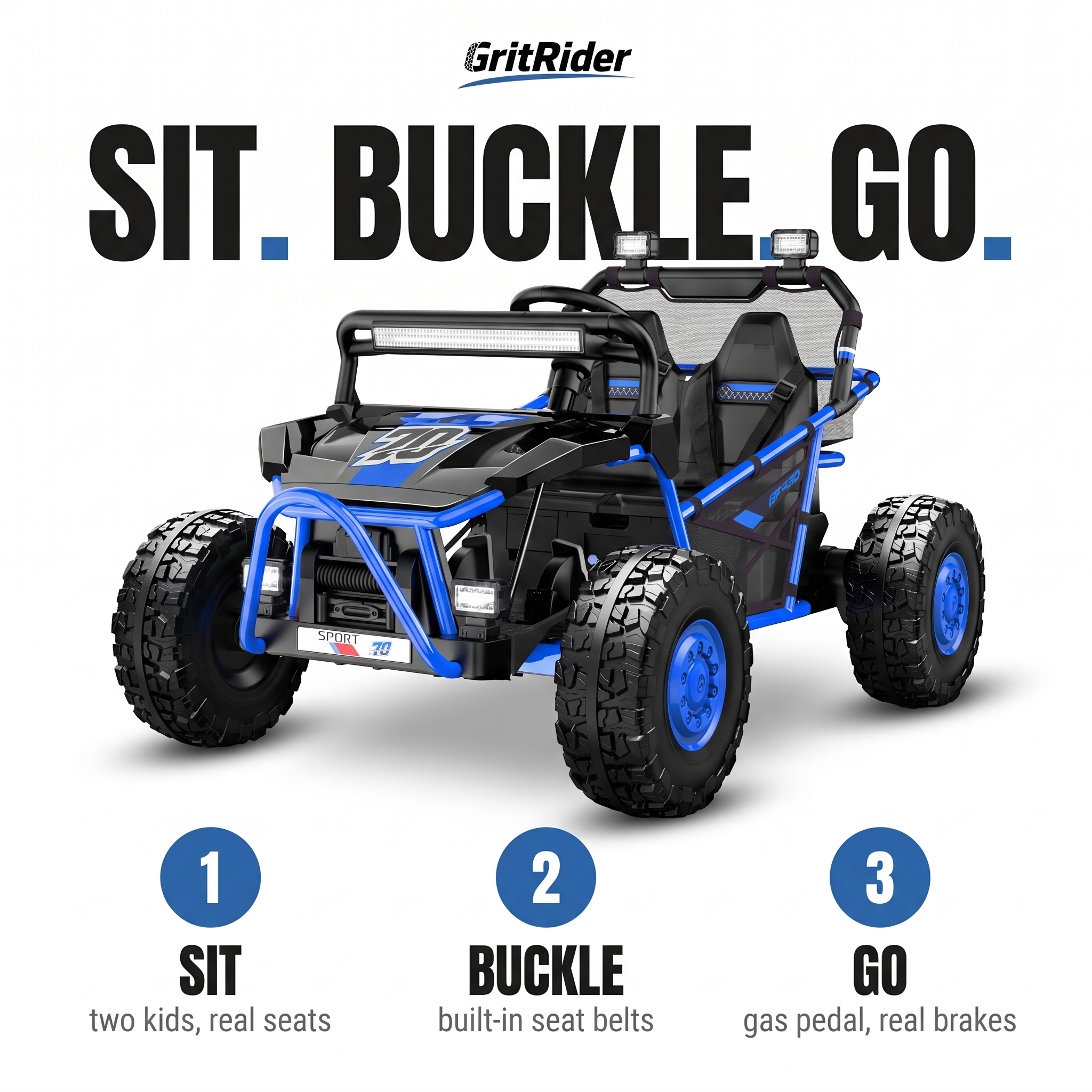 Sit. Buckle. Go. — real seats, seat belts, gas and brake pedals