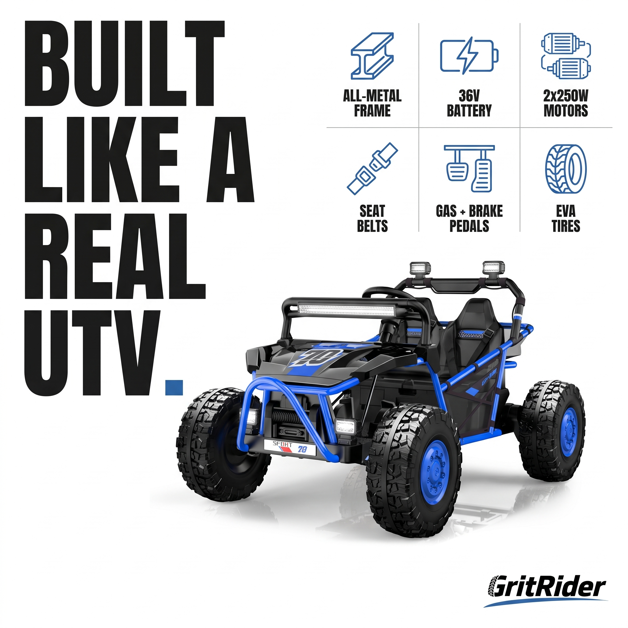 Built like a real UTV — all-metal frame, 36V battery, 2×250W motors