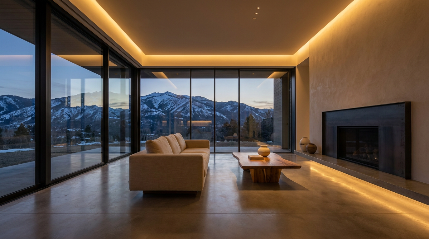Ultra-luxury custom home interior with radiant floor heating — no HVAC equipment visible
