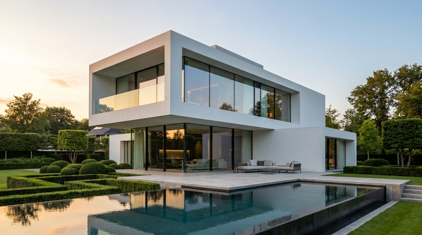 Ultra-luxury modern cubic home with geometric garden and infinity pool