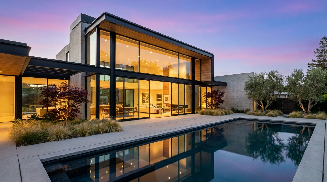 Luxury modern cubic home at dusk with illuminated glass facade and pool
