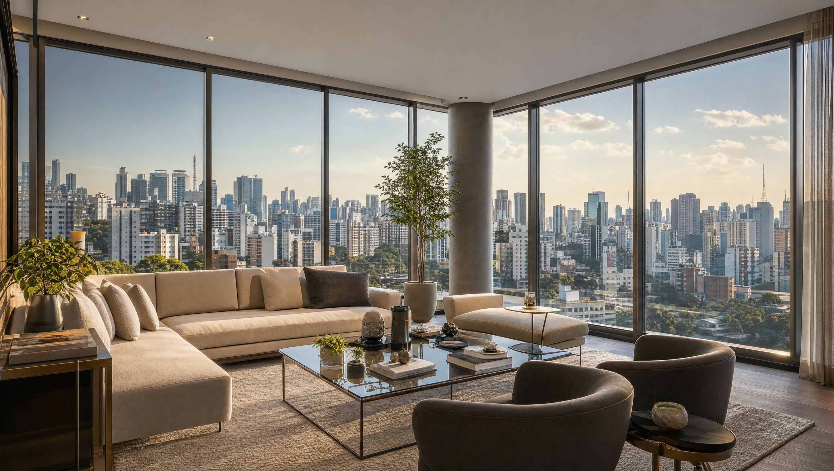 Insulfilm residencial nano cerâmica em janela de apartamento com vista da cidade de São Paulo