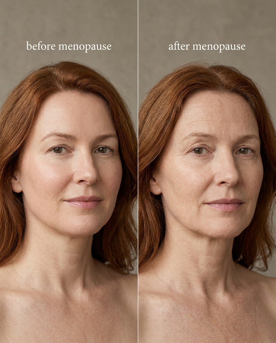 Editorial portrait of the same woman before and after menopause.