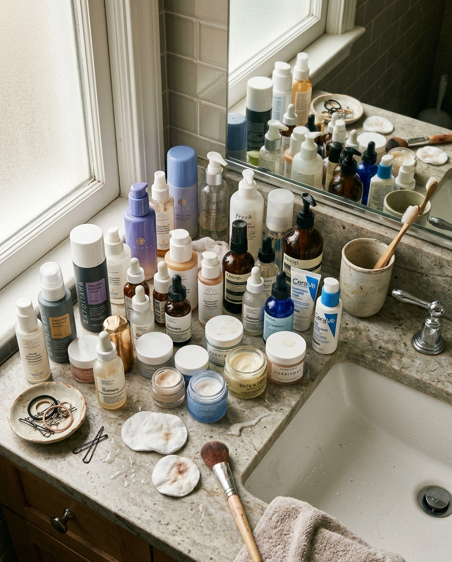 A crowded bathroom vanity of half-used skincare serums that stopped working.