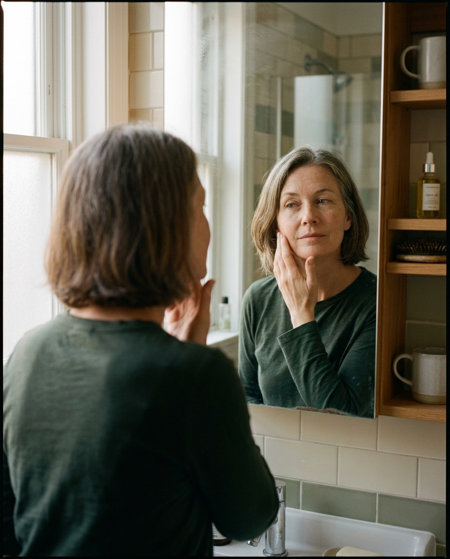 A woman around fifty at her bathroom mirror, thoughtful.