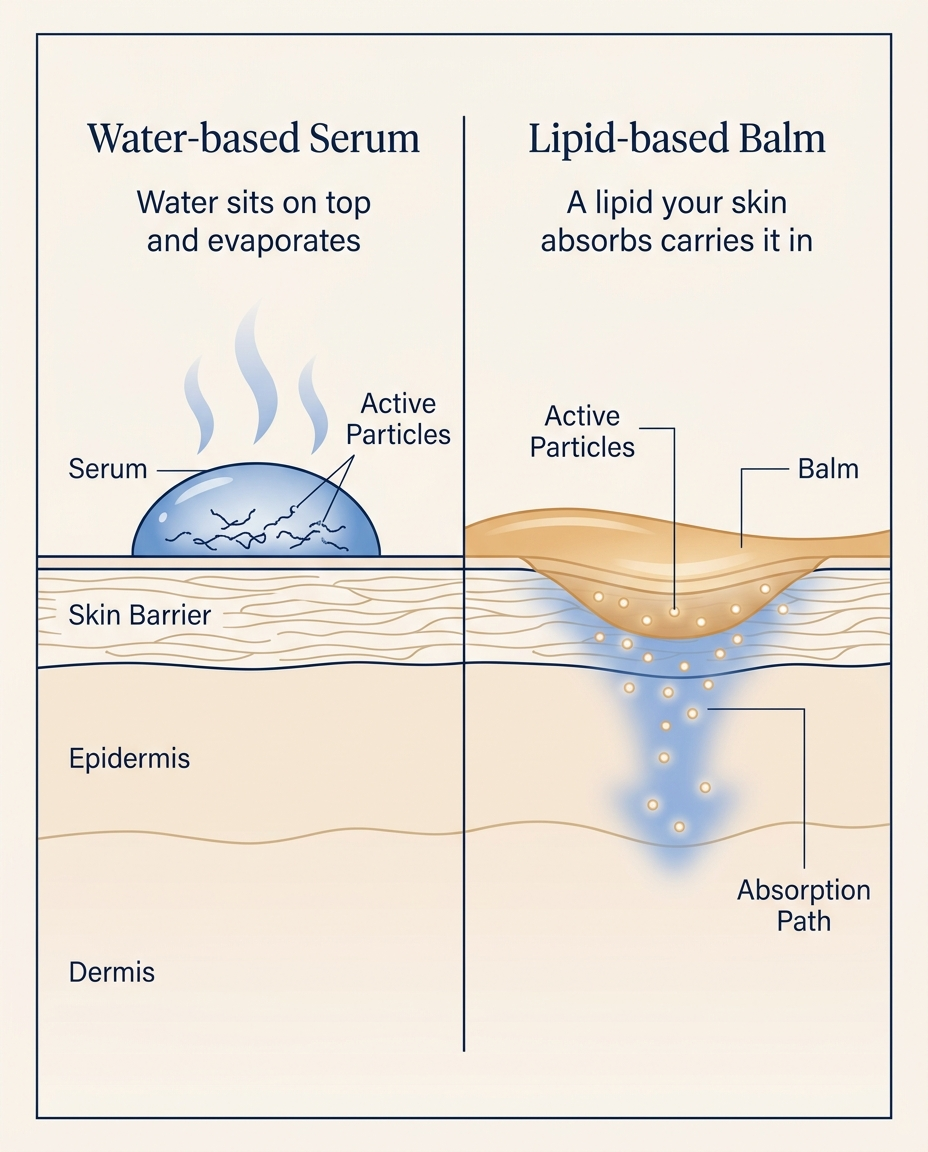 Cross-section illustration: water-based serum sits on top and evaporates while a lipid balm is absorbed.
