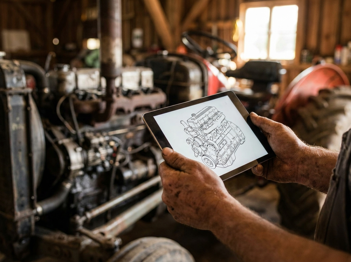 Farmer using a digital service manual on a tablet in the workshop
