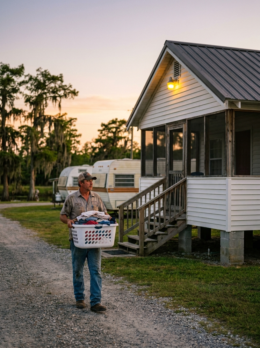 A worker carrying his laundry back to his cabin at dusk