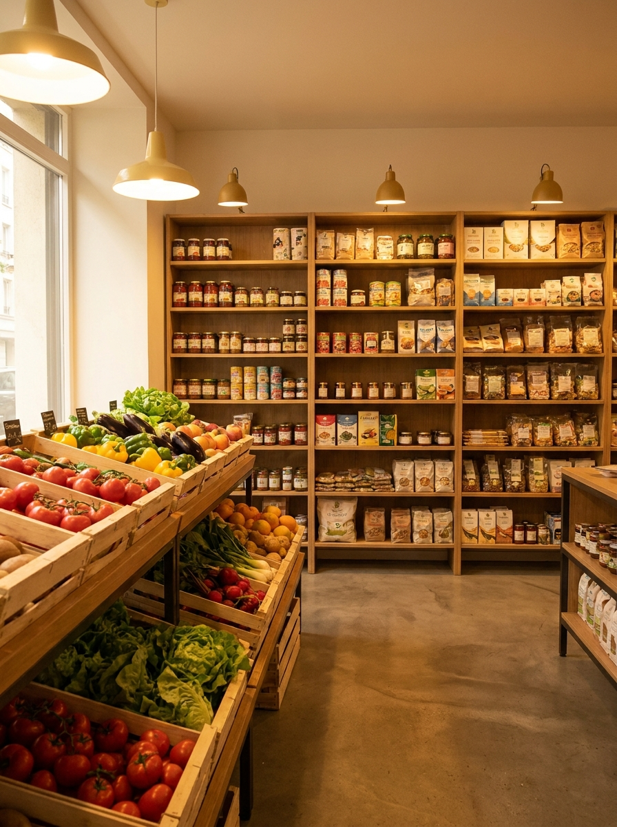 Fresh produce and stocked grocery shelves at the on-site market in Galliano, LA