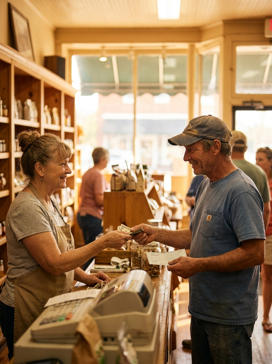 A worker cashing his payroll check at the on-site market counter in Galliano, LA