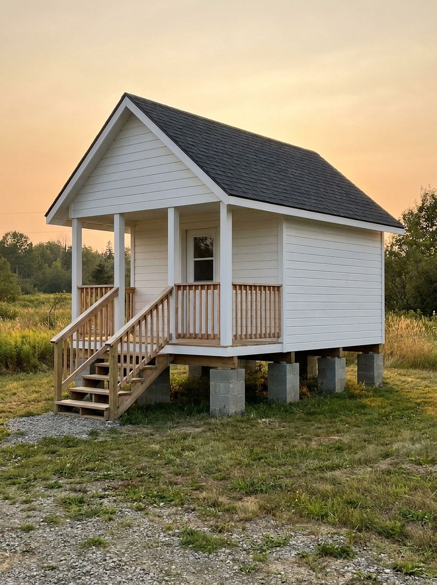 A furnished white cabin on stilts with a covered porch at Total Hook Up in Galliano, LA