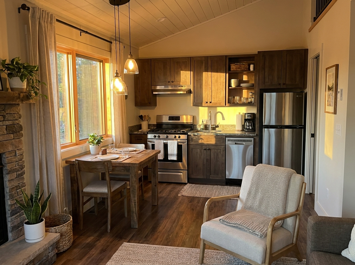 The full kitchen inside a furnished cabin at Total Hook Up in Galliano, LA