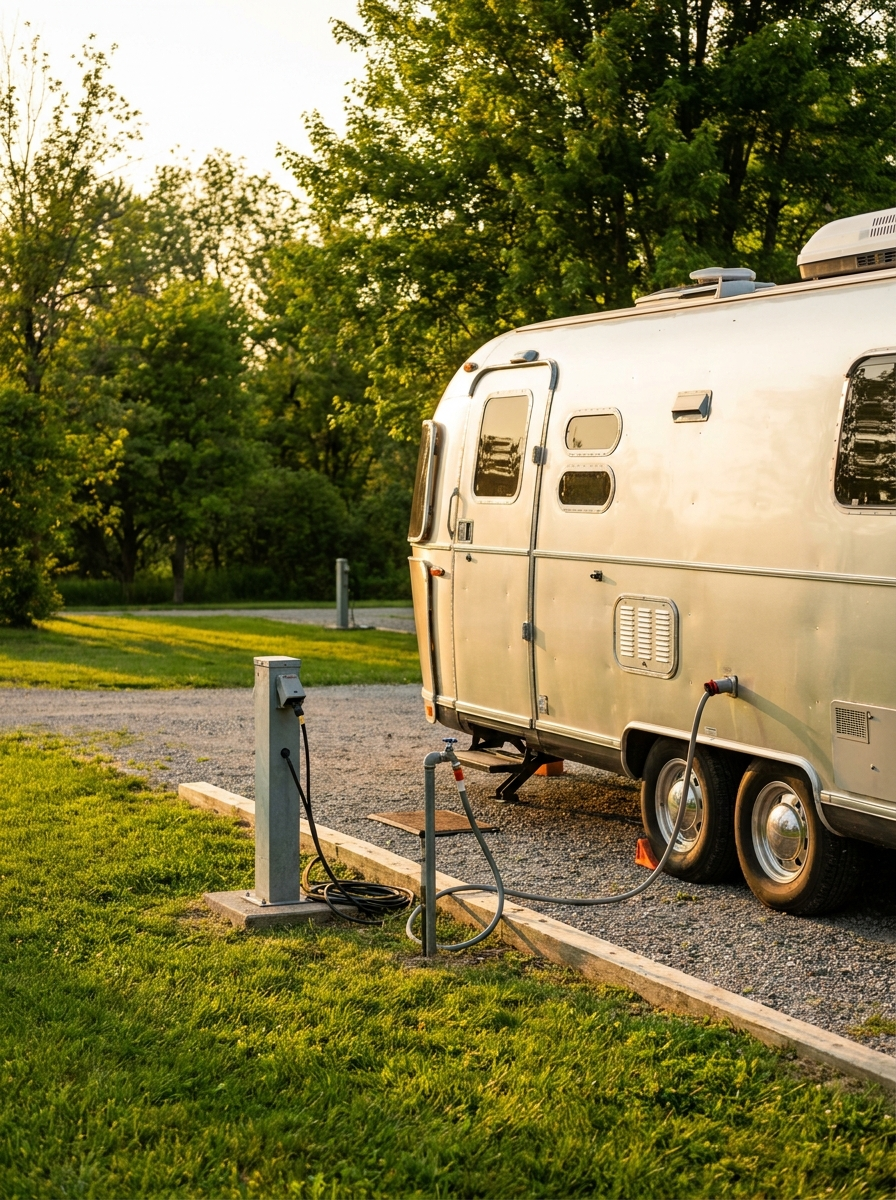 A full hookup RV site with a power pedestal at Total Hook Up in Galliano, LA