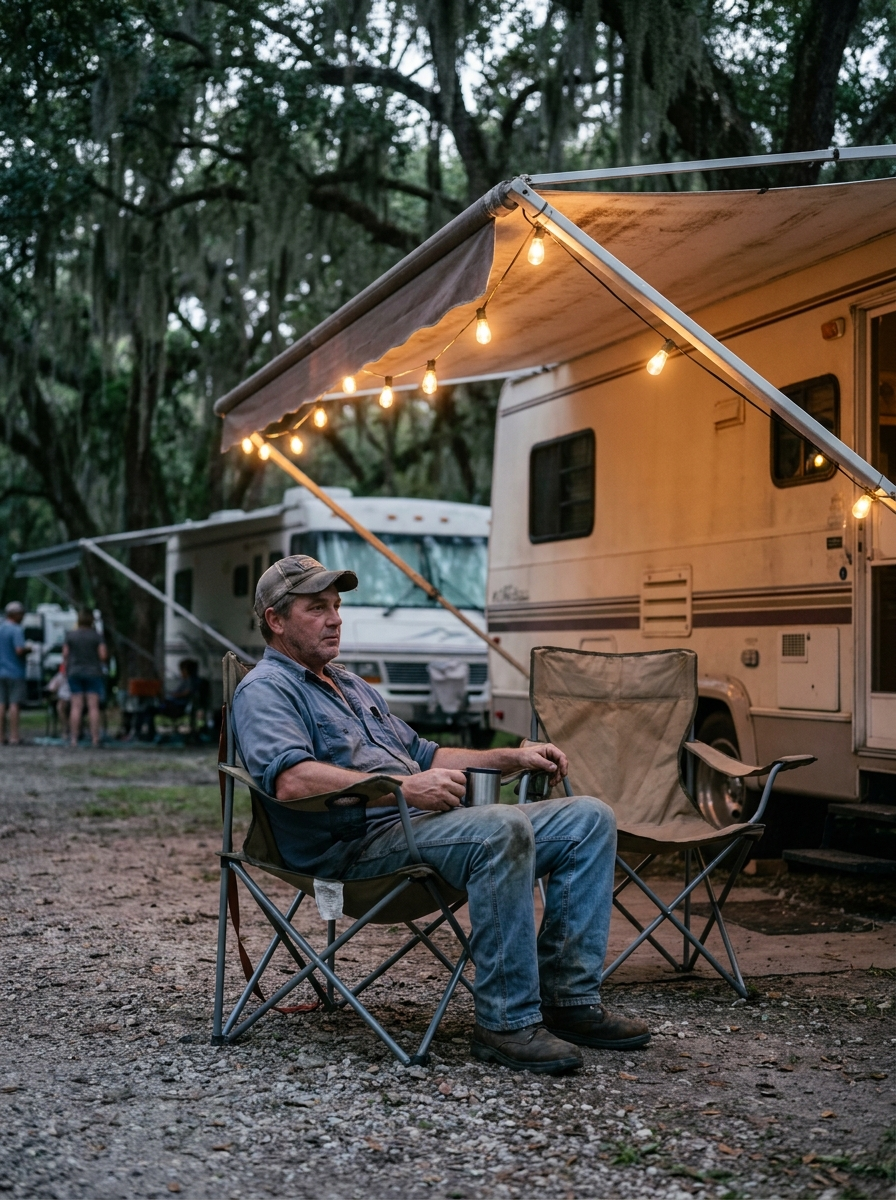A worker relaxing beside his RV in the evening at Total Hook Up in Galliano, LA