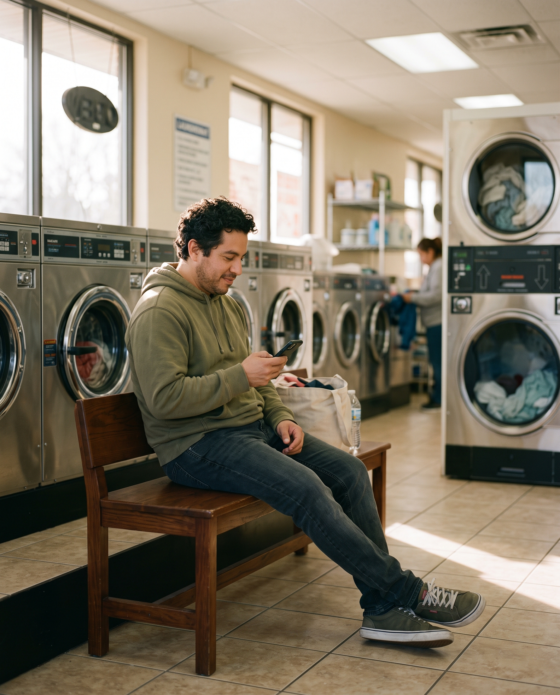 A worker relaxing while his laundry runs at the T and M Laundromat in Galliano, LA