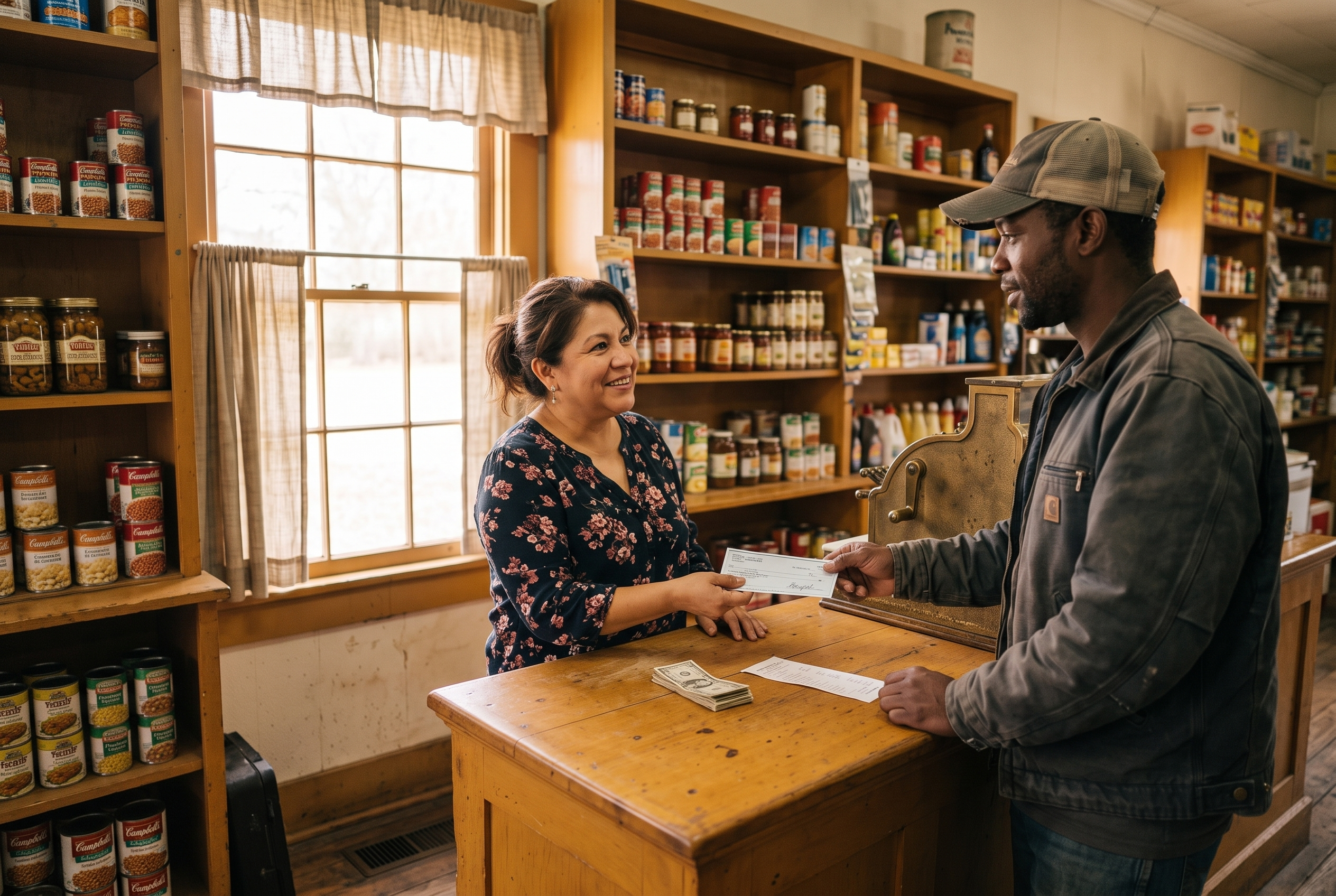 Sending money home at the counter at Total Hook Up in Galliano, LA