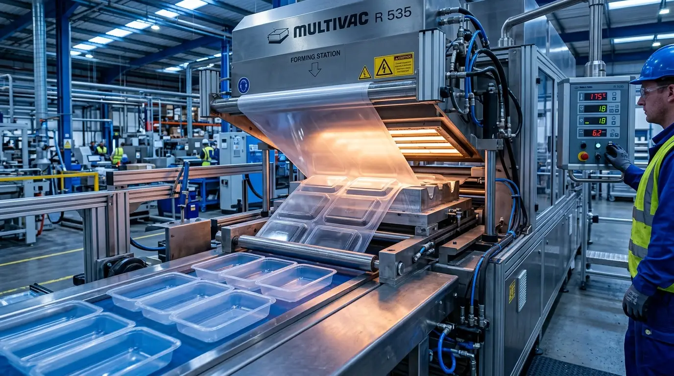 Thermoforming machine forming plastic trays