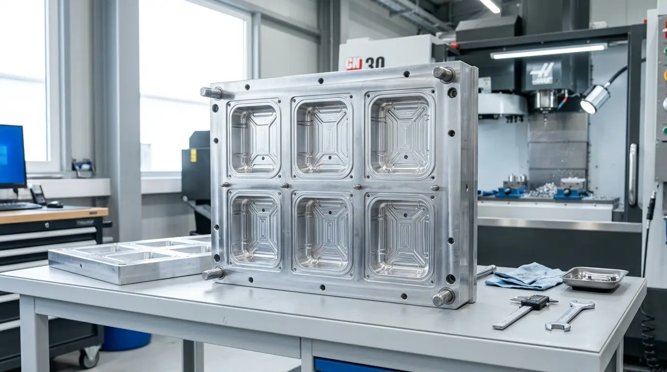 Aluminium thermoforming mold with cavity inserts for food packaging trays