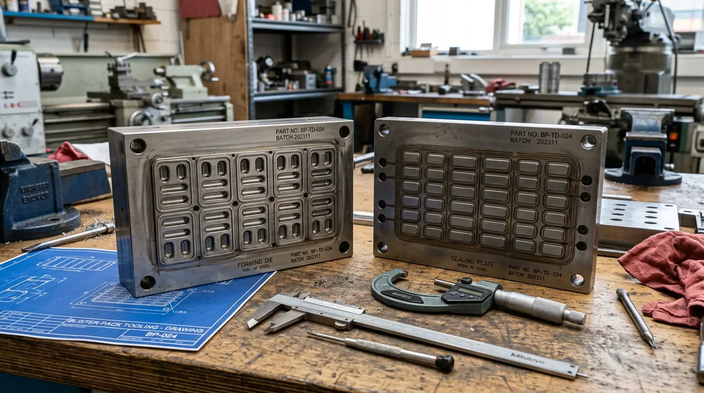 Pharmaceutical blister packaging tooling — sealing plate and forming die on workbench
