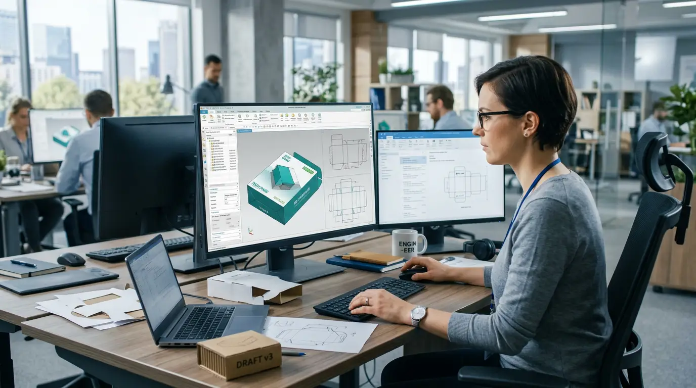 Packaging engineer designing structural packaging with CAD software