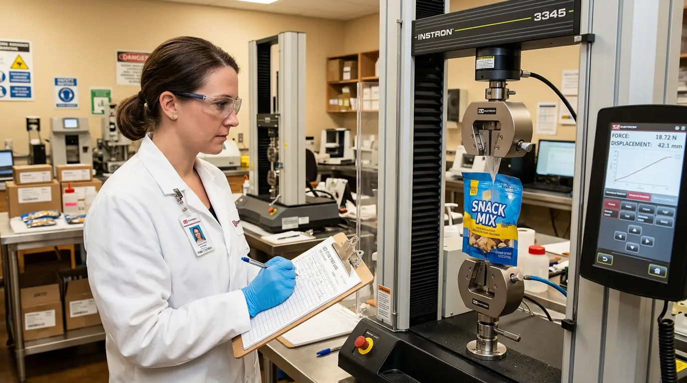 Packaging quality control testing laboratory with seal strength test machine