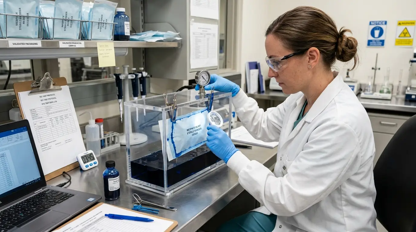 ISO 11607 sterile packaging validation testing engineer performing package integrity test