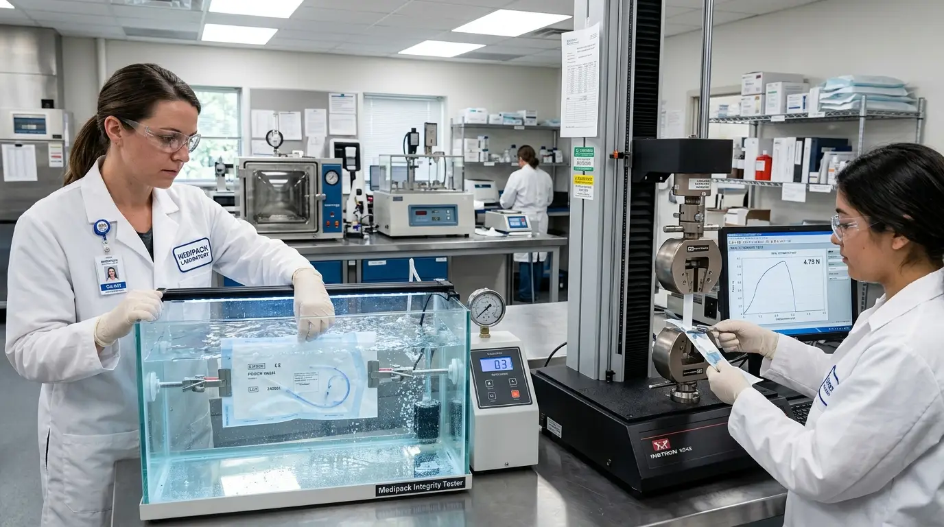 Medical packaging integrity testing laboratory bubble emission and seal strength testing