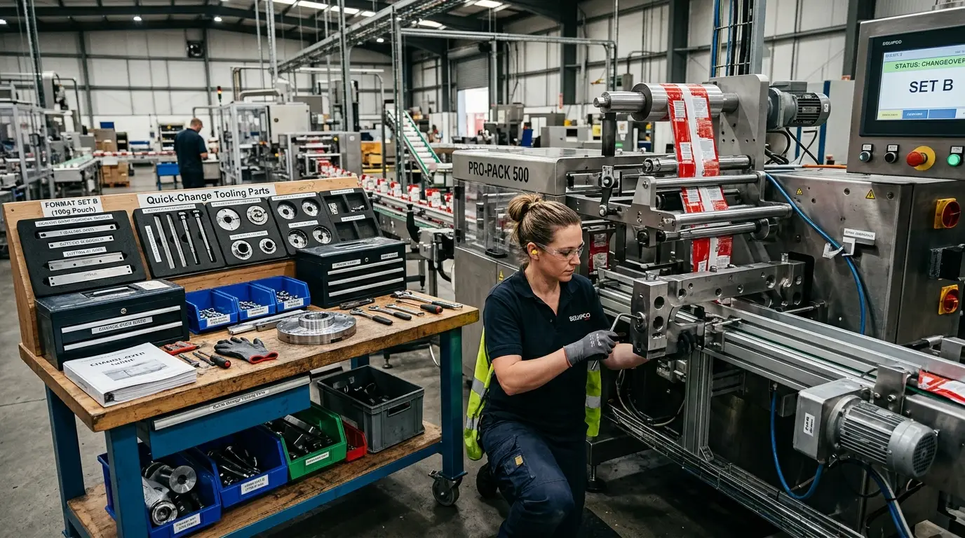 Quick-change format parts changeover on packaging machine production line