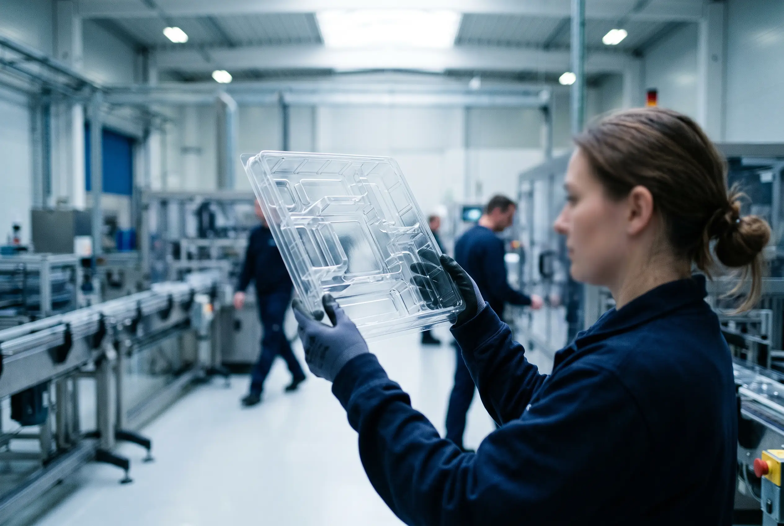 Operator inspecting a formed clear PETG tray on the line