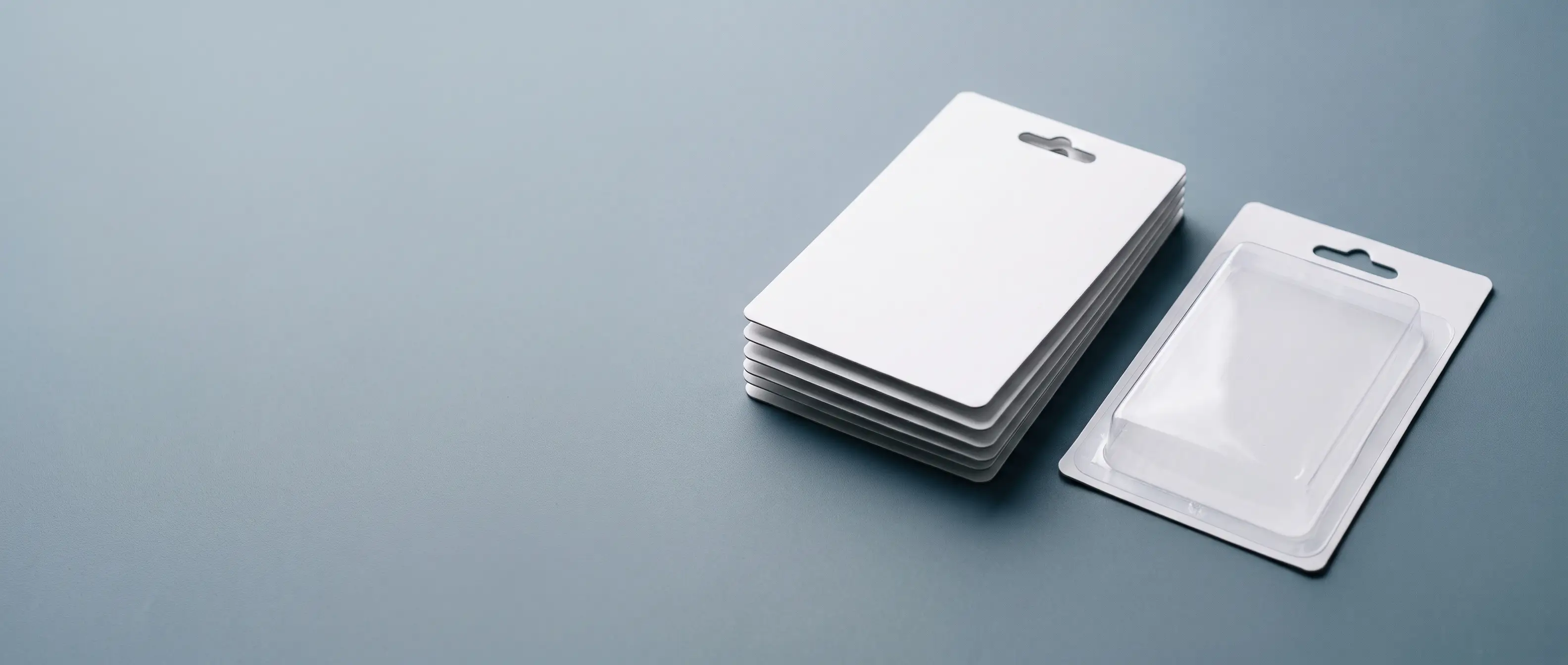 A printed blister card with a clear thermoformed blister heat-sealed to it, hung on a retail peg