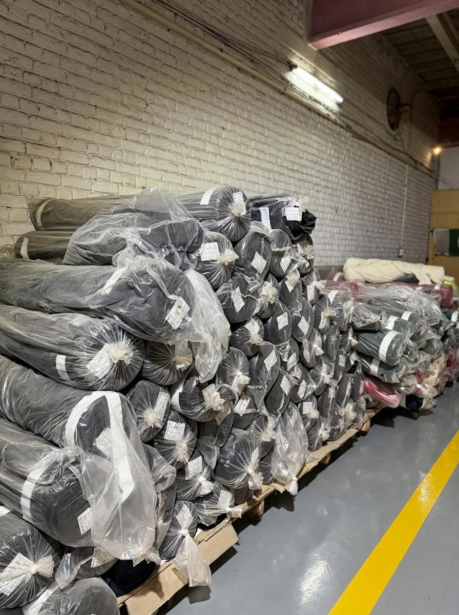 Rolls of grey fabric stored on pallets in the SAS Agencies warehouse