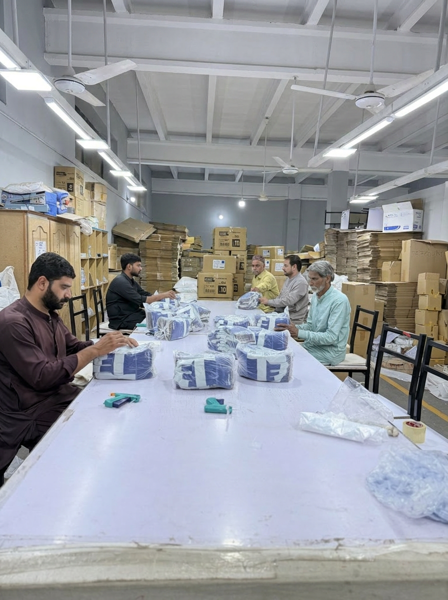 Final packing line at SAS Agencies, bundles wrapped and labelled for export