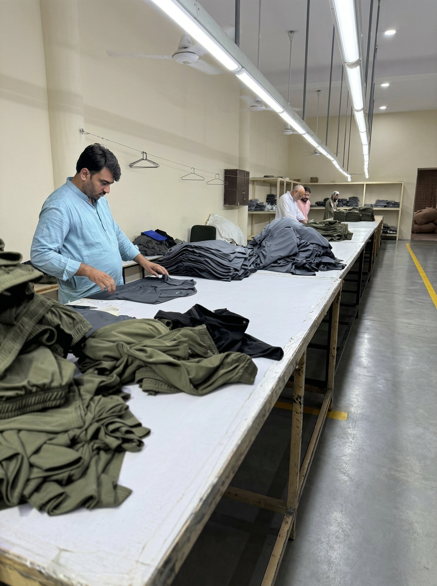 Finishing department, folding and stacking trousers at SAS Agencies
