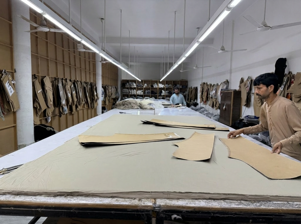 Garment cutting room with fabric spread on long tables and pattern templates at SAS Agencies