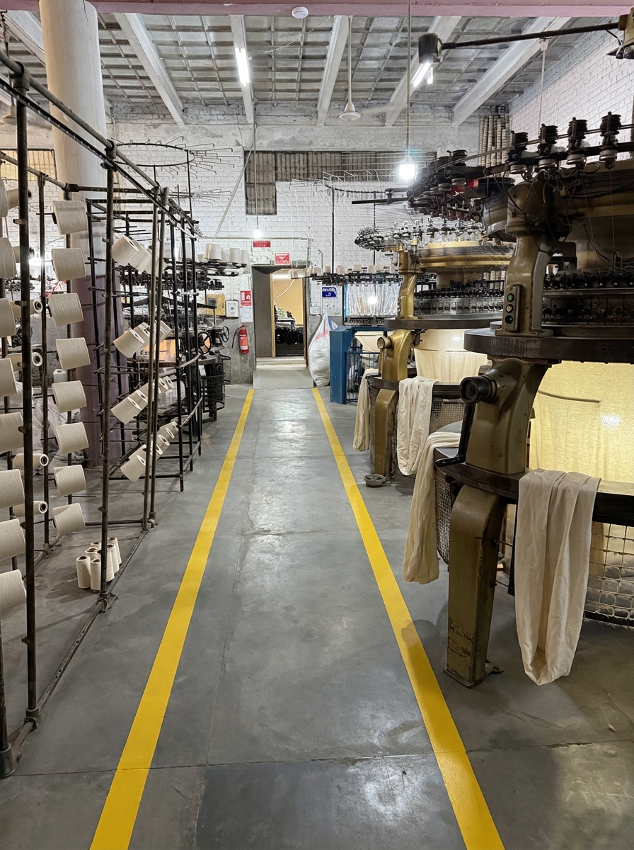 Circular knitting machines producing natural raw cotton fabric at the SAS Agencies factory