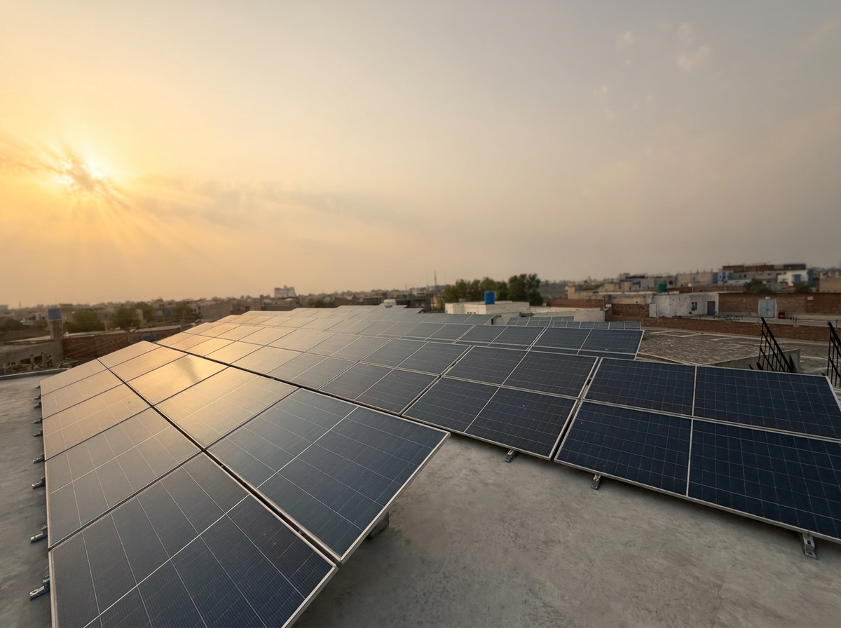 Rooftop solar panel array powering the SAS Agencies factory in Faisalabad