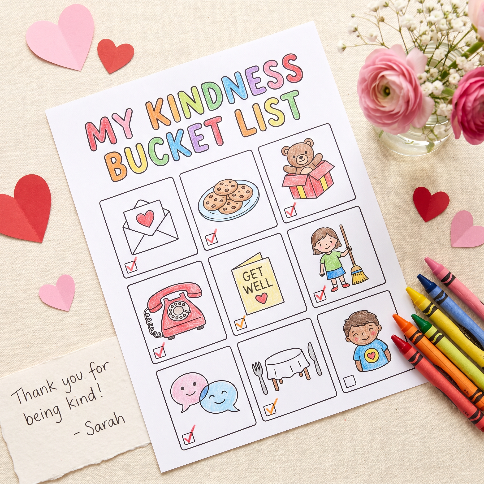 The Kindness Bucket List printable, a hand drawn colouring sheet