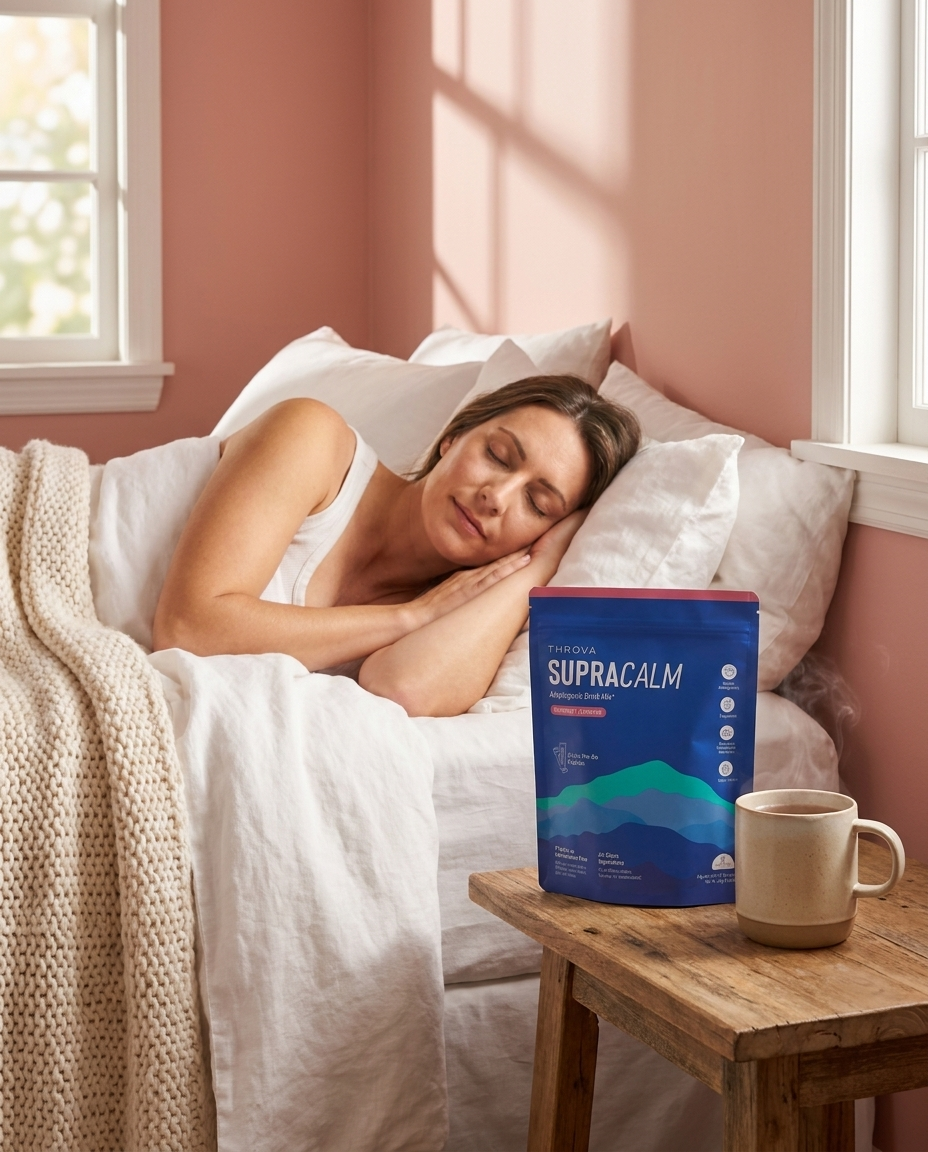 A woman sleeping peacefully with the SupraCalm pouch on her nightstand
