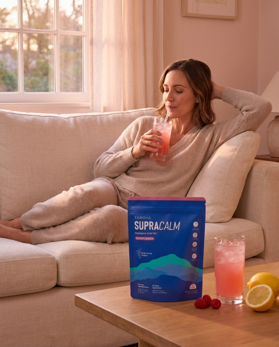 A woman finally relaxed on the sofa with SupraCalm