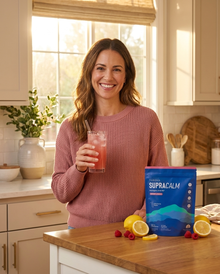 A woman feeling bright and energized in her kitchen with SupraCalm