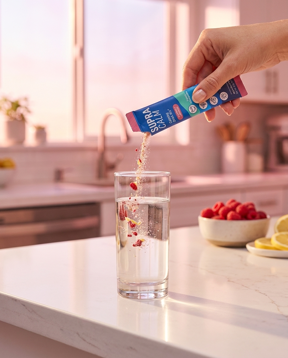 Pouring a single SupraCalm sachet into a glass of water, no pills