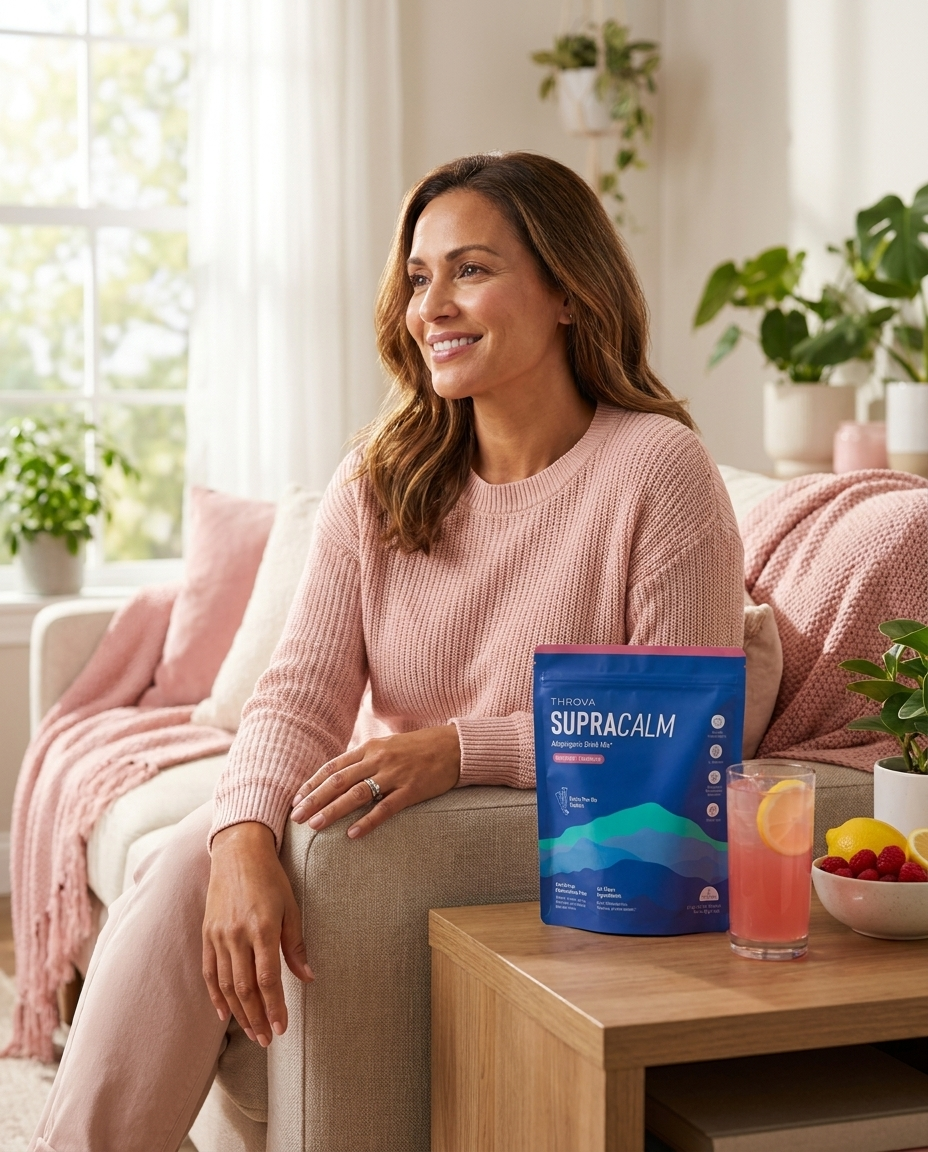 A confident, calm woman in her mid-forties at home with SupraCalm