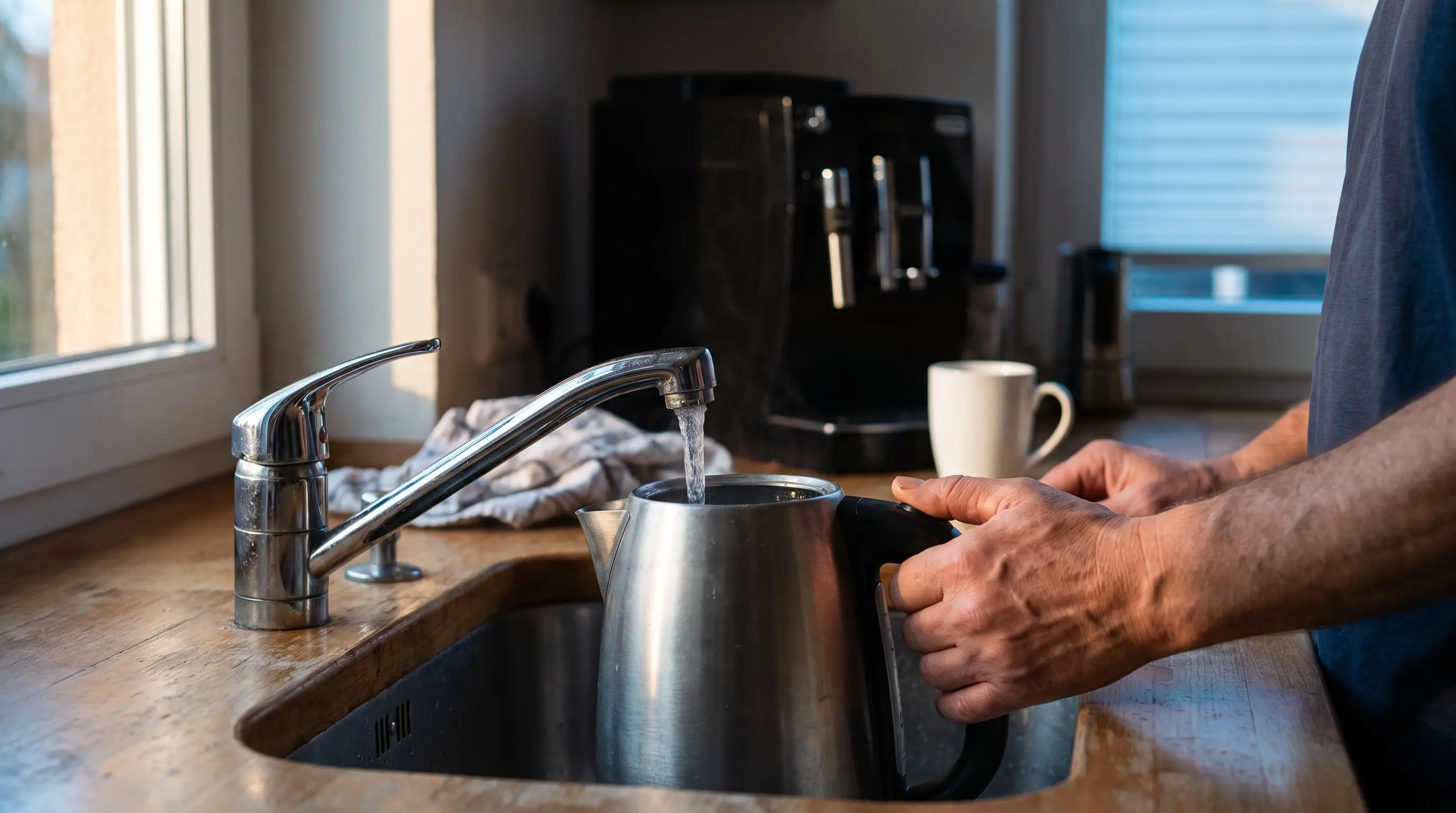 Hände halten am frühen Morgen einen Edelstahl-Wasserkocher unter den laufenden Küchenhahn, dahinter eine Kaffeemaschine