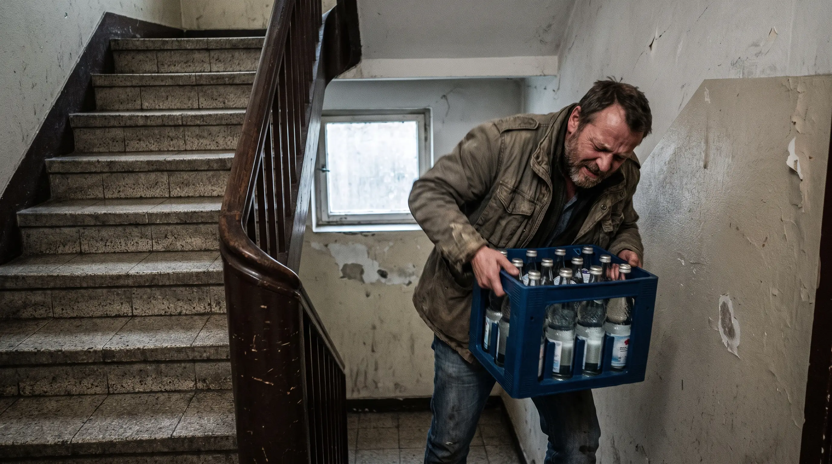 Mann trägt eine schwere Kiste mit Glasflaschen ein enges Treppenhaus hinauf
