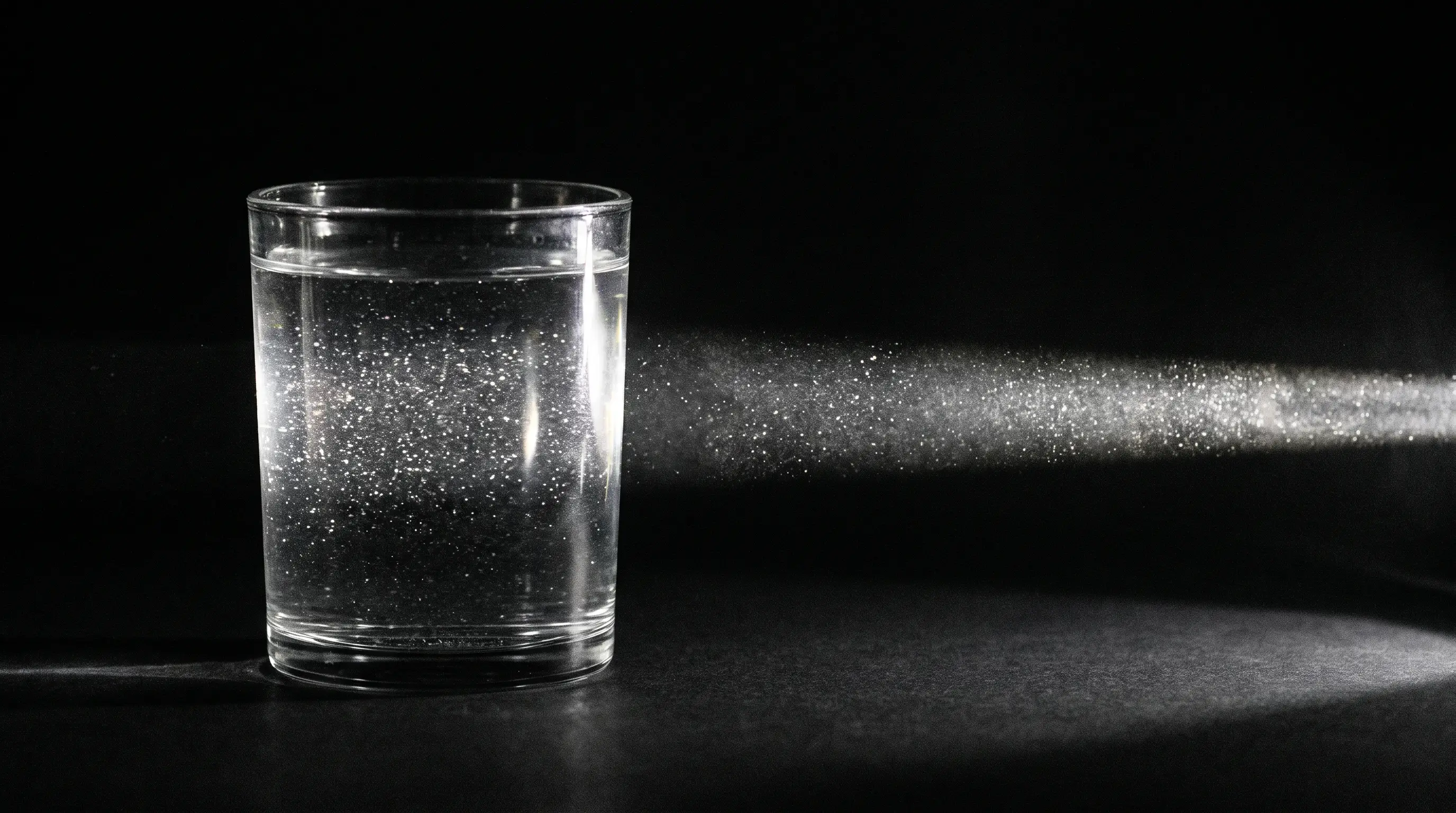Ein Glas Wasser im Dunkeln, von einem schmalen Lichtstrahl durchleuchtet, in dem unzählige winzige Partikel sichtbar werden