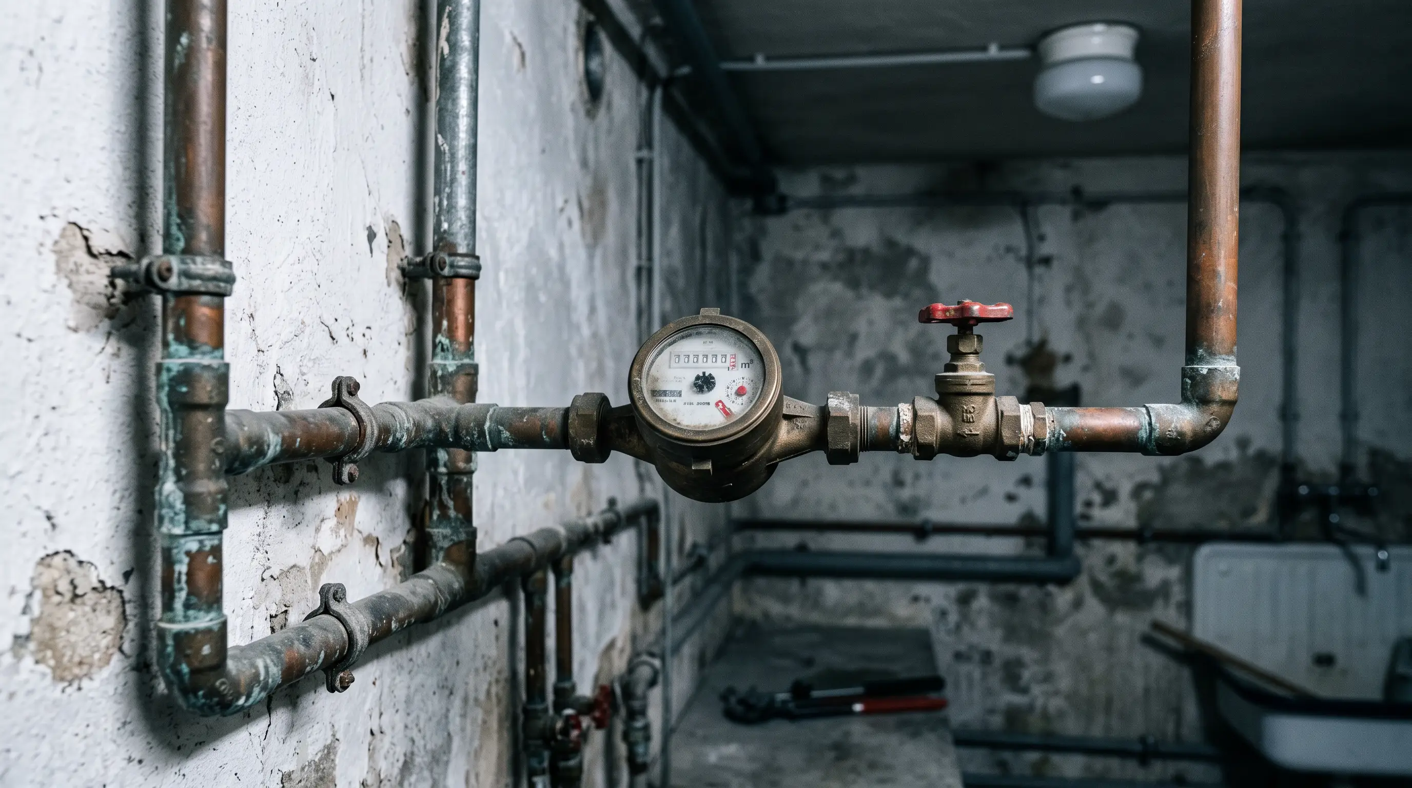 Gealterte metallene Wasserleitungen an einer verputzten Kellerwand mit einer messingfarbenen Wasseruhr im Leitungsverlauf